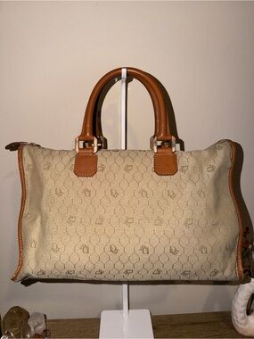 Vintage Dior Honeycomb Beige Canvas Boston Bag with Tan Leather Trim and Gold